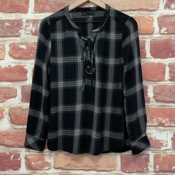 Anthropologie Tops - Anthropologie Sanctuary Top Women's Medium Black Multicolor Plaid Lace Up Blouse